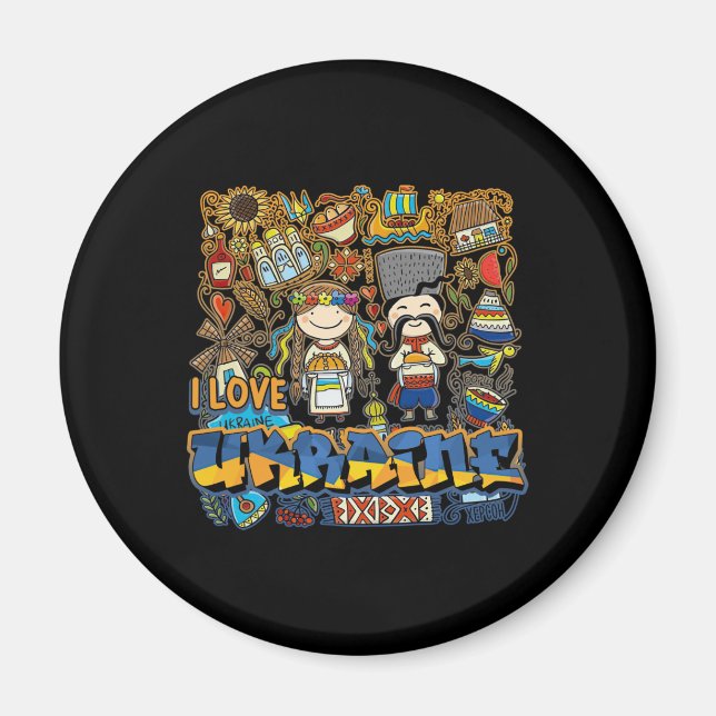 I kärlek Ukraina Doodle med ukrainskt Flagga Magnet (Framsidan)