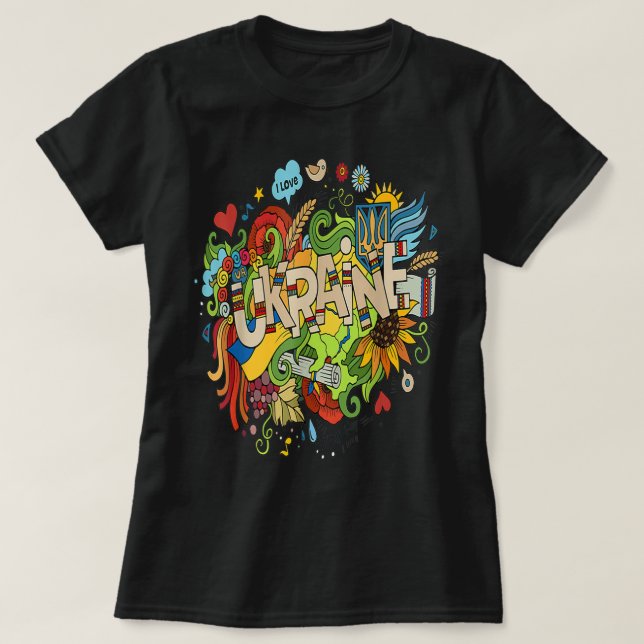 I kärlek Ukraina Doodle with Ukrainas Flagga Pray  T Shirt (Design framsida)