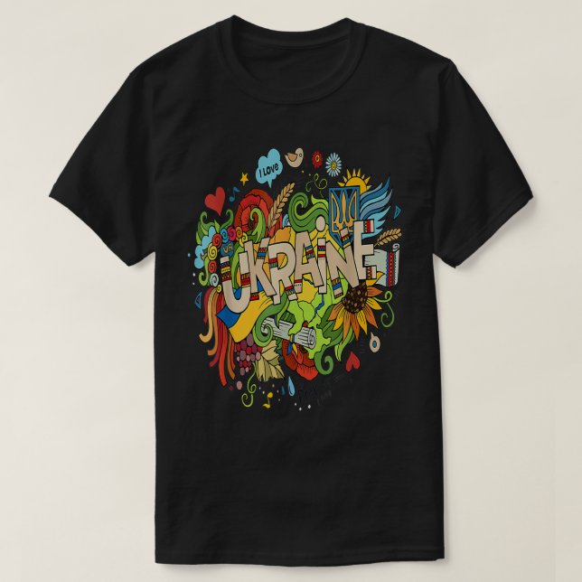 I kärlek Ukraina Doodle with Ukrainas Flagga Pray  T Shirt (Design framsida)