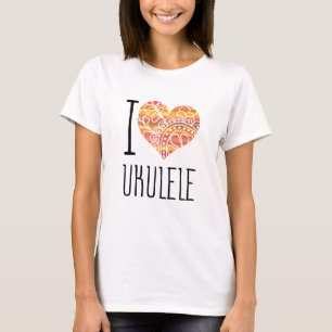 I Kärlek Ukulele Orange Mandala Heart T Shirt