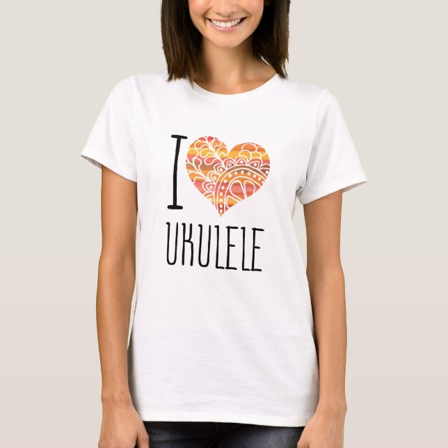 I Kärlek Ukulele Orange Mandala Heart T Shirt (Framsida)