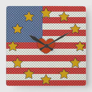I Kärlek USA - Red, White, Blue Polka-Dot Flagga Fyrkantig Klocka