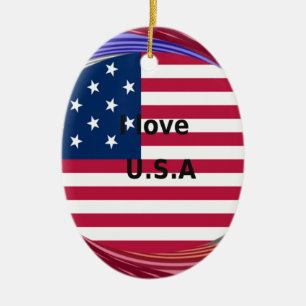 I Kärlek USA Swirl: Patriotic Heart Art Print Julgransprydnad Keramik