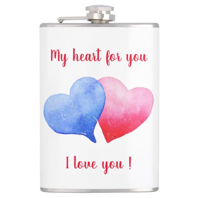 I kärlek vattenfärgsröd och blå hjärta fickplunta (Framsidan)