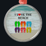 I Kärlek vid Beach Metall Ornament<br><div class="desc">Beach Kärlek,  populär stranddesign med färgfulla flip-flops - I Kärlek i Beach</div>