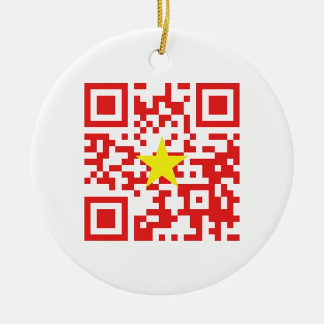 I Kärlek Vietnam (Tôi Yêu Viet Nam) Flagga QR-kod Julgransprydnad Keramik (Framsidan)