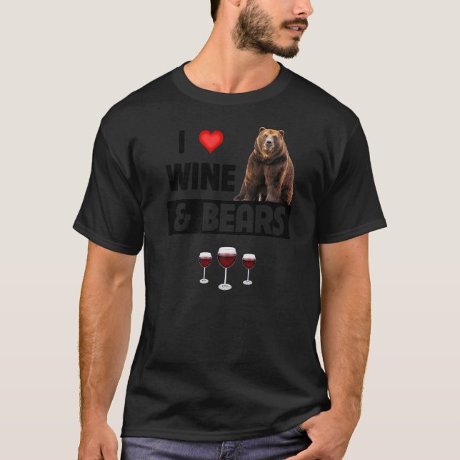 I Kärlek Vin och Bears Drinking Camping Wildlife A T Shirt (Framsida)