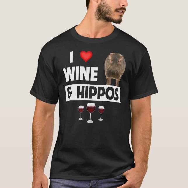 I Kärlek Vin och Hippos Drinking Wildlife Safari A T Shirt (Framsida)