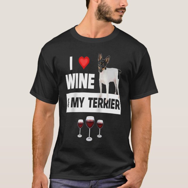 I Kärlek Vin och My Smooth Fox Terrier Hund Pappa T Shirt (Framsida)