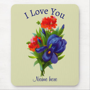 I Kärlek You Blue Iris Flower Bouquet Personlig Musmatta