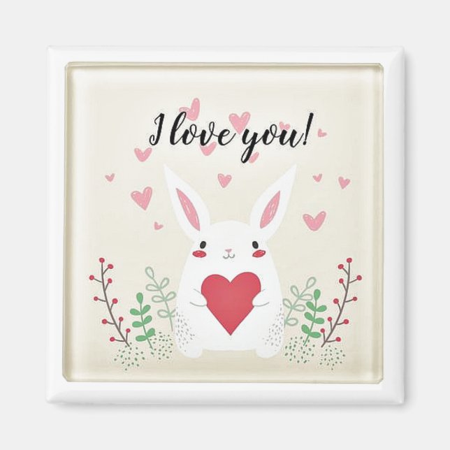 I Kärlek You Cute Bunny Romantic Square Magnet (Framsidan)