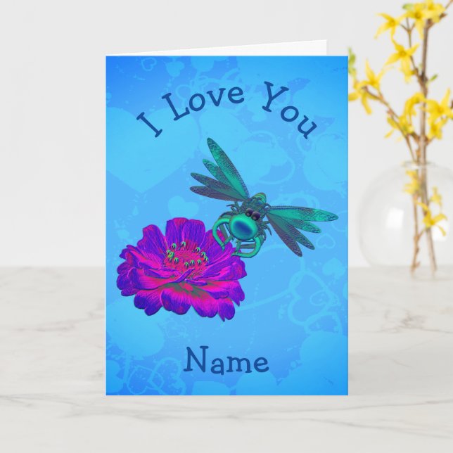 I Kärlek You Cute Dragonfly Flower Personlig Kort (Gul blomma)