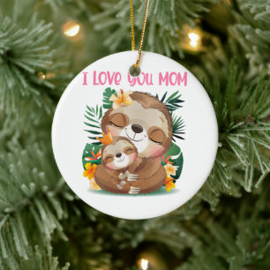 I Kärlek You Mamma Cute Mamma och Baby Sloth Julgransprydnad Keramik