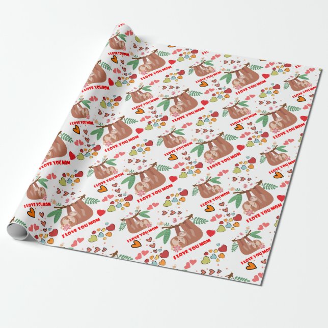 I Kärlek You Mamma Sloth Mönster Baby Shower Birth Presentpapper (Utrullad)