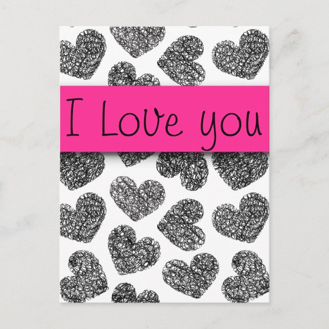 I Kärlek You Modern Black and White Doodle Hearts Vykort (Framsida)