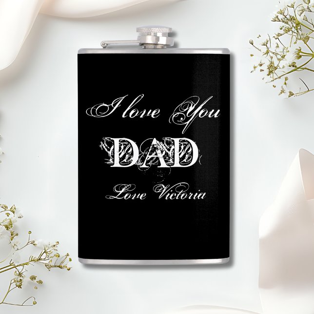 "I Kärlek You Pappa" Personlig Black White & Silve Fickplunta ('I Love You Dad' Personalized Black White & Silver Flask.)