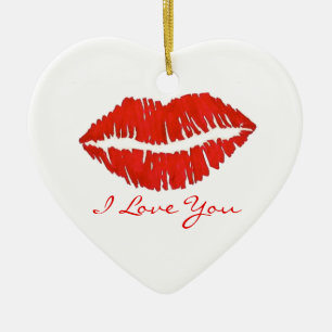 I Kärlek You Red Lipstick Kiss Print Valentine Day Julgransprydnad Keramik