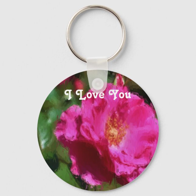 I Kärlek You Rosa ros Flower Keychain Nyckelring (Framsida)