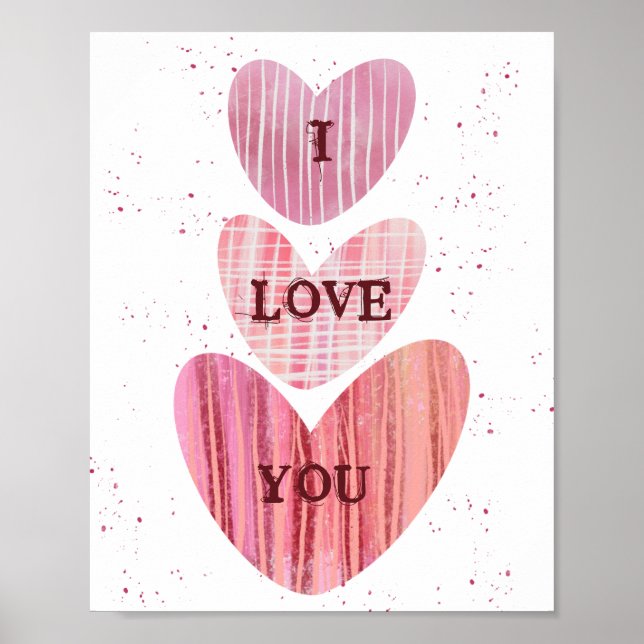 I Kärlek You Valentine Rosa Watercolor Hearearts Poster (Framsidan)