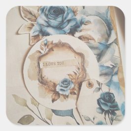 I Kärlek You Vintage Blommigt Dusty Blåa blommor Fyrkantigt Klistermärke
