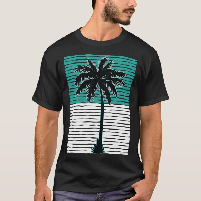I Live Life Palm Tree Picture Cool Aqua Green Whit T Shirt (Framsida)