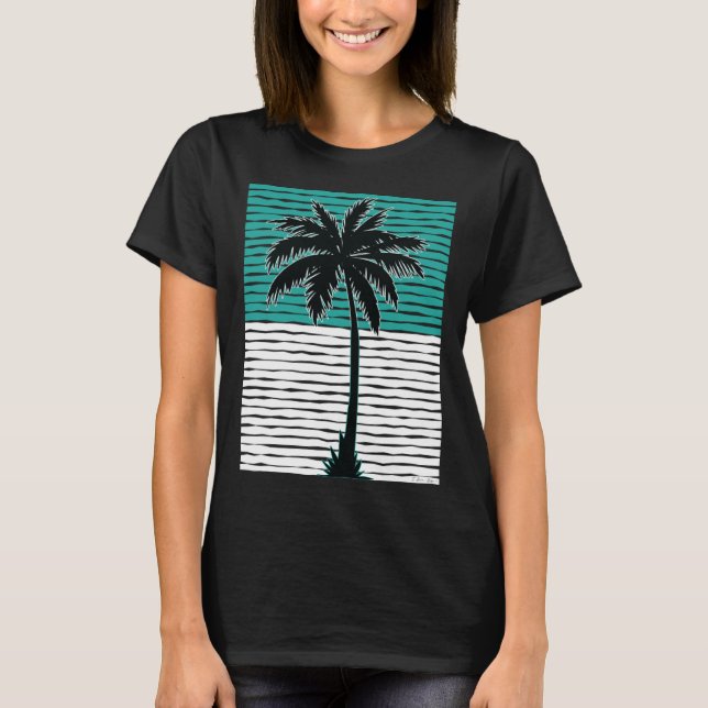I Live Life Palm Tree Picture Cool Aqua Green Whit T Shirt (Framsida)