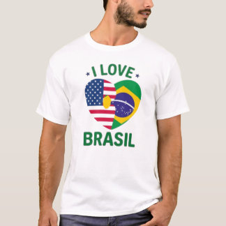 I Love Brasil USA Flag Heart  T Shirt