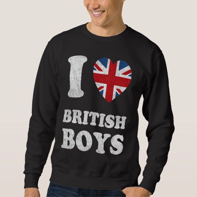 I Love British Boys UK Union Jack Heart Flag Lång Ärmad Tröja (Framsida)