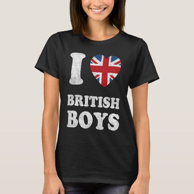 I Love British Boys UK Union Jack Heart Flag T Shirt (Framsida)