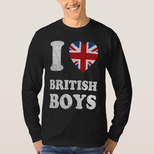 I Love British Boys UK Union Jack Heart Flag T Shirt (Framsida)