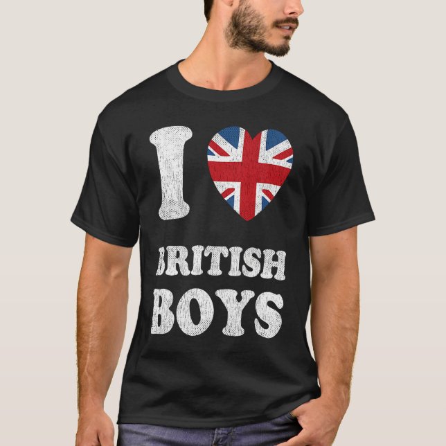 I Love British Boys UK Union Jack Heart Flag T Shirt (Framsida)