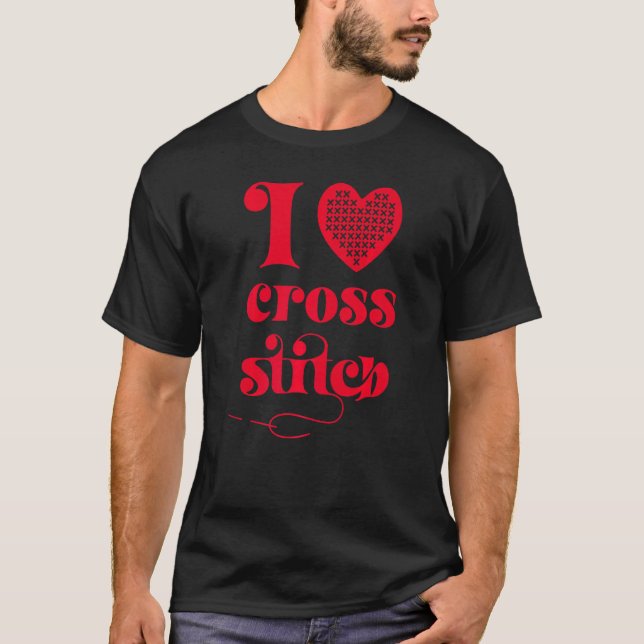 I Love Cross Stitch Heart and Needle T Shirt (Framsida)