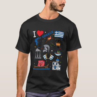 I Love Greece Hand Drawn Greek Landmarks Flag And  T Shirt
