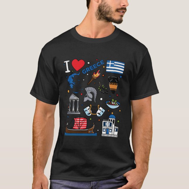 I Love Greece Hand Drawn Greek Landmarks Flag And  T Shirt (Framsida)