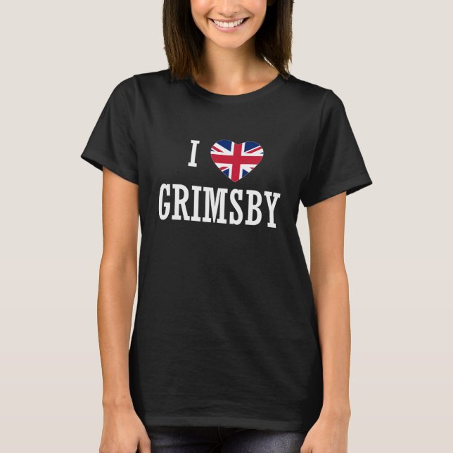 I Love Grimsby England Union Jack Flag Heart Engli T Shirt (Framsida)