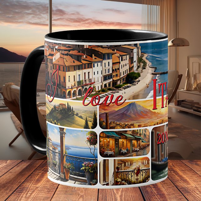 I Love Italy Travel Photo Collage  Kaffemugg (Mug featuring a collage with your favorite travel photos of Italy - European adventure travel)