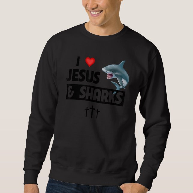 I Love Jesus and Sharks Funny Christian Great Whit Lång Ärmad Tröja (Framsida)