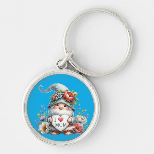 I Love Mom Gnome Rund Silverfärgad Nyckelring (Framsidan)