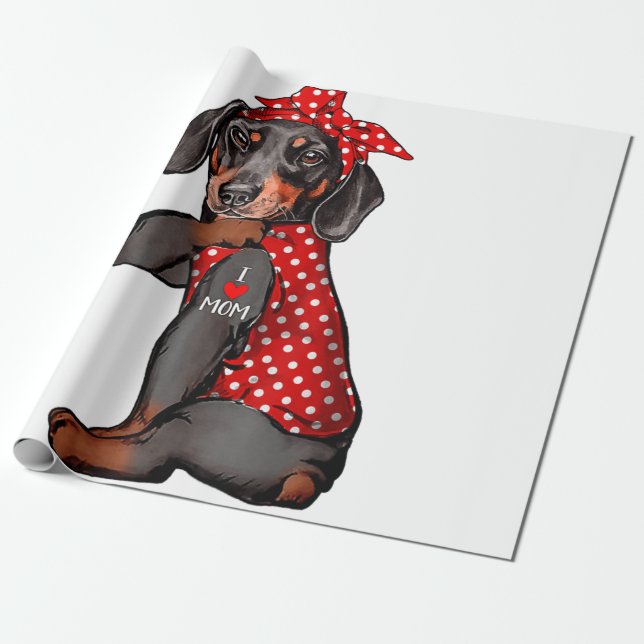 I Love Mom Tattoo Funny Dachshund Dog Wearing Band Presentpapper (Utrullad)