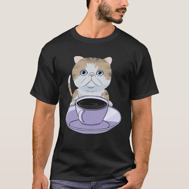 I Love My Coffee and Exotic Shorthair Cat T Shirt (Framsida)