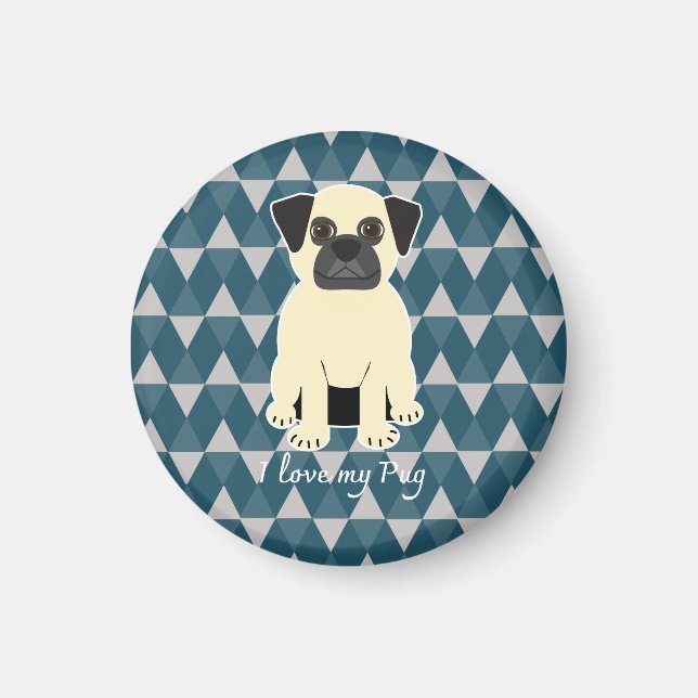 I love my Pug, Blue diamonds pattern Magnet (Framsidan)