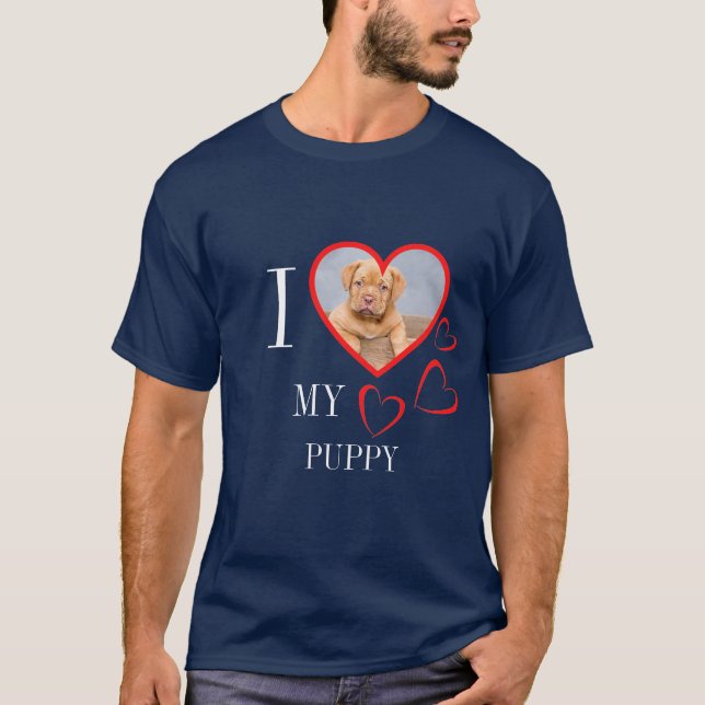 I Love My Puppy Custom Heart Photo Blue T-Shirt (Framsida)
