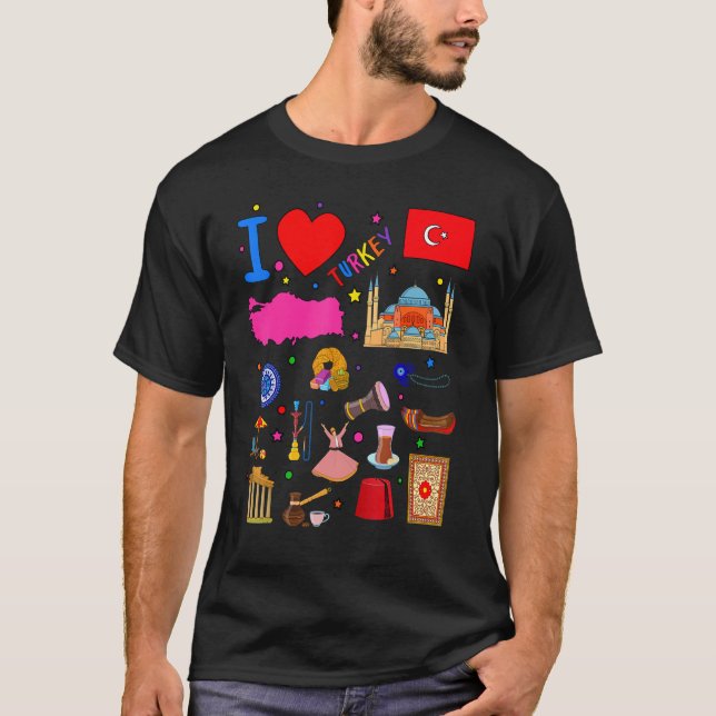 I love Turkey  Hand drawn Turkish Landmarks  flag  T Shirt (Framsida)