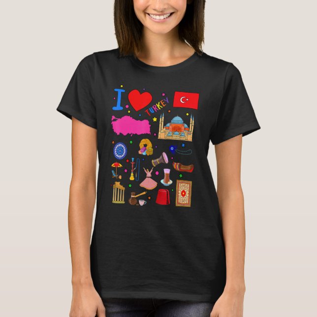 I love Turkey  Hand drawn Turkish Landmarks  flag  T Shirt (Framsida)