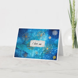 I Love Us Blue Watercolour Gold Floral Card Kort
