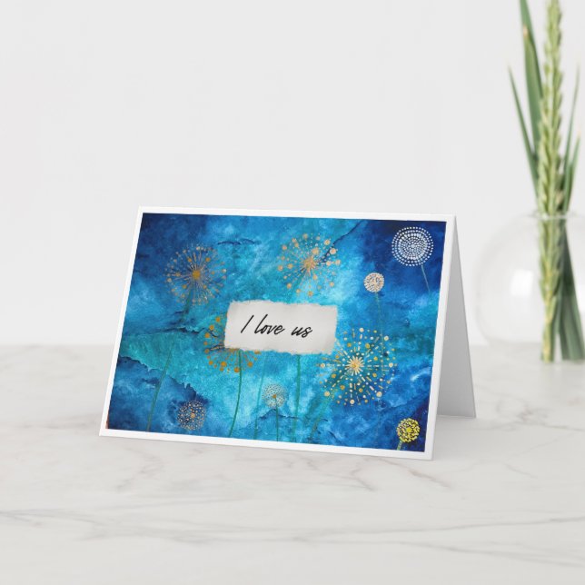 I Love Us Blue Watercolour Gold Floral Card Kort (Framsida)