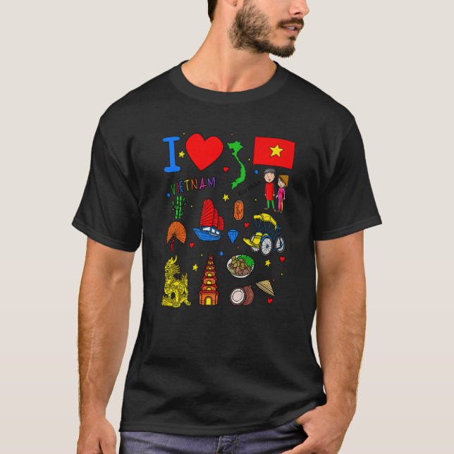 I love Vietnam Hand drawn Vietnamese Landmarks fla T Shirt (Framsida)