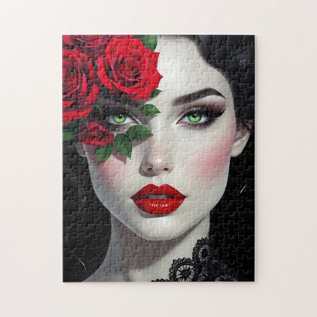 I Love You | Beautiful Woman with Red Rose Pussel (Vertikal)