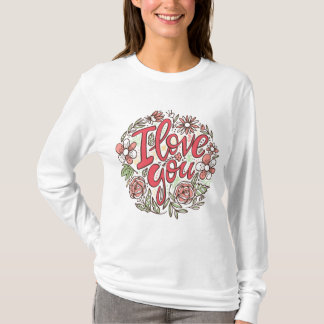 I Love You Floral Wreath Romantic Roses Long Sleev T Shirt