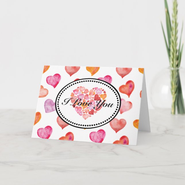 I Love You Watercolor Hearts Kort (Framsida)
